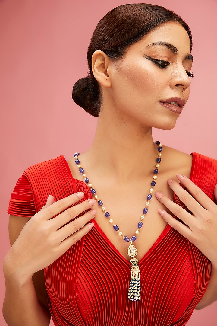 Yellow Gold Finish Moissanite Polki & Blue Sapphire Stone Long Necklace In Sterling Silver by STELLA CREATIONS at Pernia's Pop Up Shop