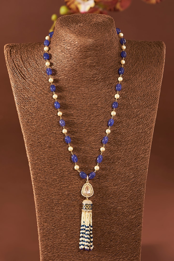 Yellow Gold Finish Moissanite Polki & Blue Sapphire Stone Long Necklace In Sterling Silver by STELLA CREATIONS at Pernia's Pop Up Shop