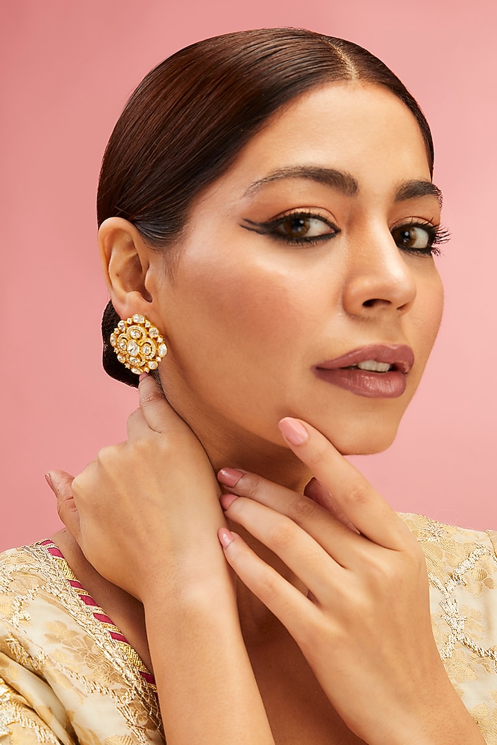Yellow Gold Finish Moissanite Polki Stud Earrings In Sterling Silver by STELLA CREATIONS at Pernia's Pop Up Shop
