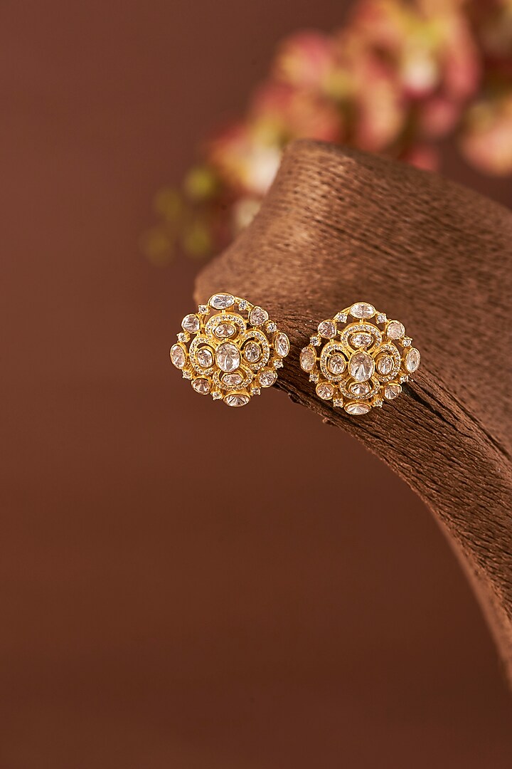 Yellow Gold Finish Moissanite Polki Stud Earrings In Sterling Silver by STELLA CREATIONS at Pernia's Pop Up Shop