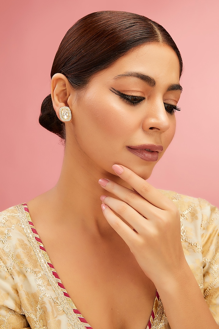 Yellow Gold Finish Moissanite Polki & Zircons Stud Earrings In Sterling Silver by STELLA CREATIONS at Pernia's Pop Up Shop
