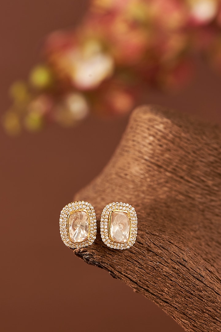 Yellow Gold Finish Moissanite Polki & Zircons Stud Earrings In Sterling Silver by STELLA CREATIONS at Pernia's Pop Up Shop