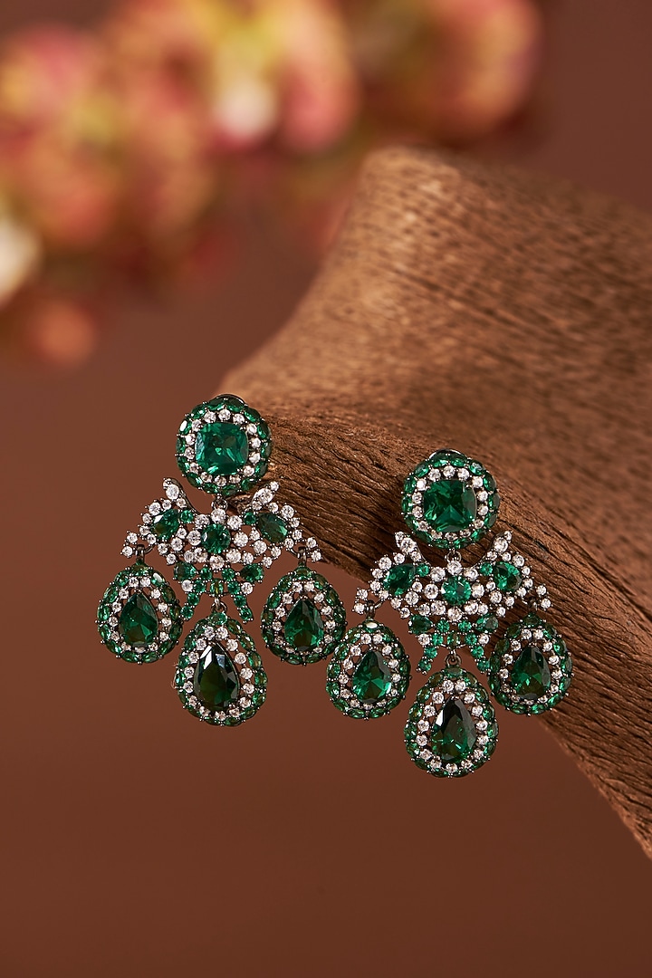 Black Rhodium Finish Zircon & Emerald Stone Dangler Earrings In Sterling Silver by STELLA CREATIONS at Pernia's Pop Up Shop