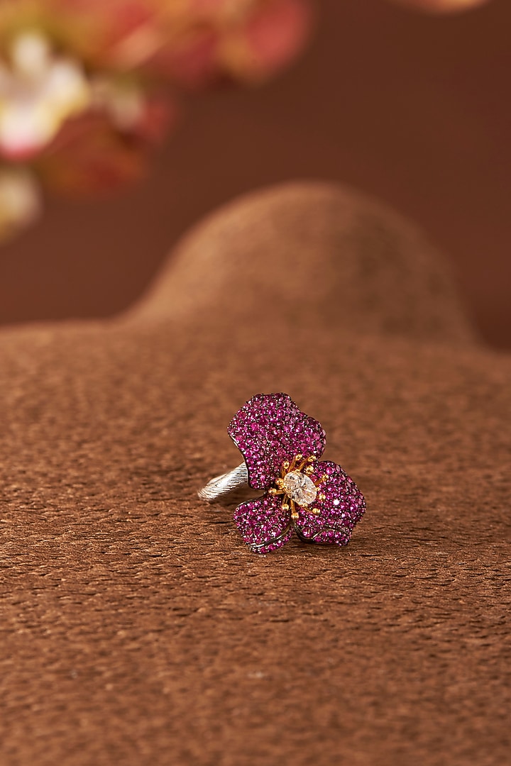 Black Rhodium Finish Zircon & Ruby Stone Ring In Sterling Silver by STELLA CREATIONS at Pernia's Pop Up Shop