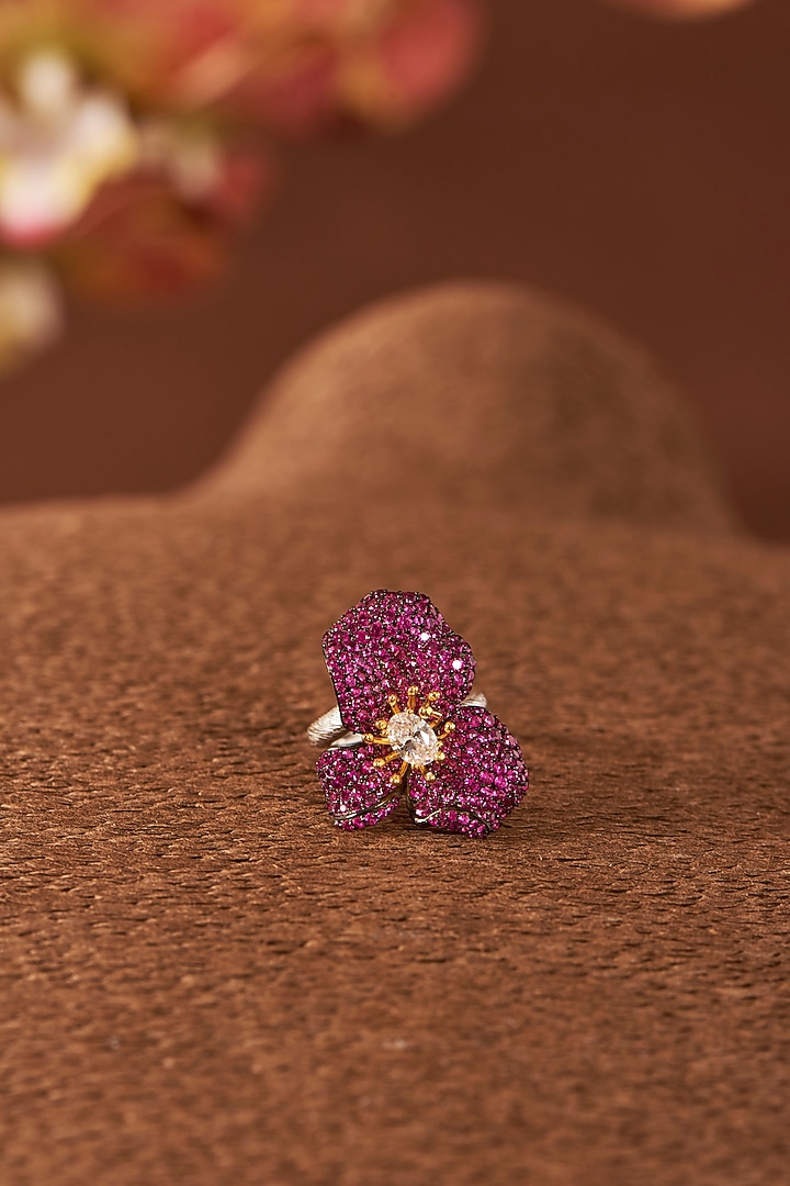 Black Rhodium Finish Zircon & Ruby Stone Ring In Sterling Silver by STELLA CREATIONS at Pernia's Pop Up Shop