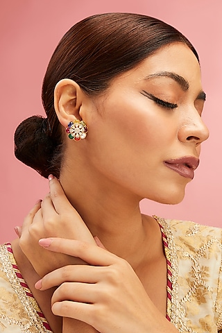 Yellow Gold Finish Moissanite Polki & Navratna Stone Stud Earrings In Sterling Silver by STELLA CREATIONS