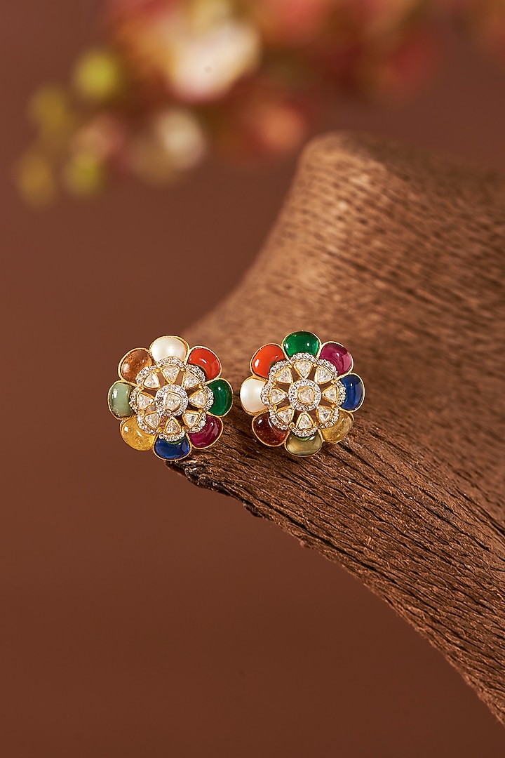 Yellow Gold Finish Moissanite Polki & Navratna Stone Stud Earrings In Sterling Silver by STELLA CREATIONS at Pernia's Pop Up Shop