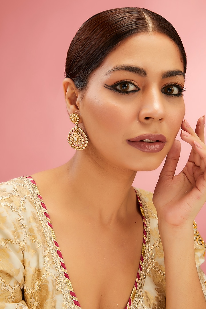 Yellow Gold Finish Moissanite Polki Dangler Earrings In Sterling Silver by STELLA CREATIONS at Pernia's Pop Up Shop