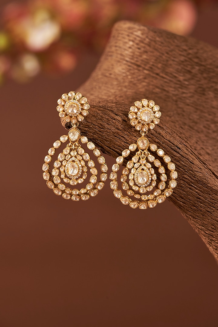 Yellow Gold Finish Moissanite Polki Dangler Earrings In Sterling Silver by STELLA CREATIONS at Pernia's Pop Up Shop