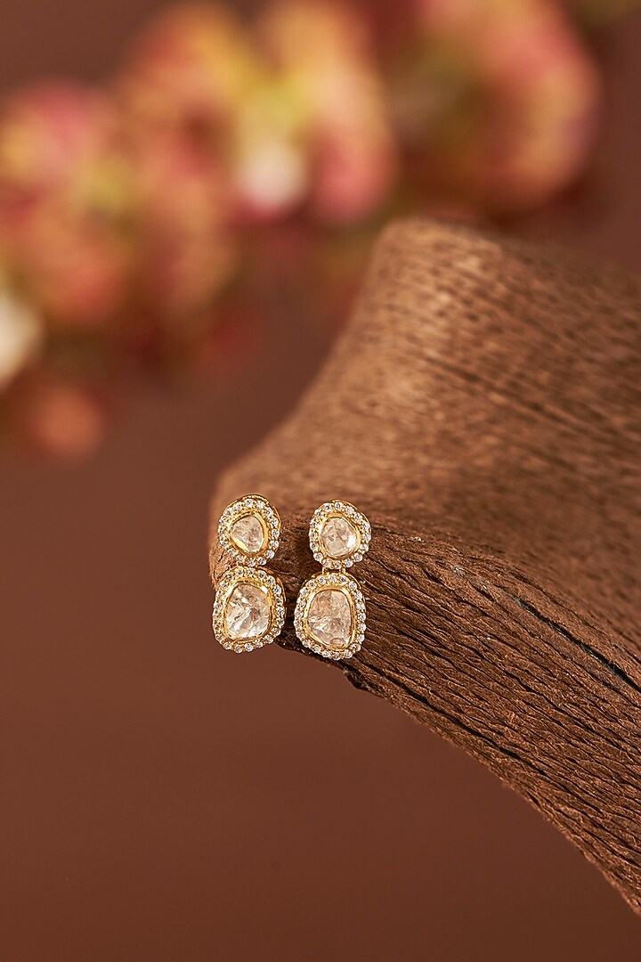 Yellow Gold Finish Moissanite Polki & Zircons Dangler Earrings In Sterling Silver by STELLA CREATIONS at Pernia's Pop Up Shop
