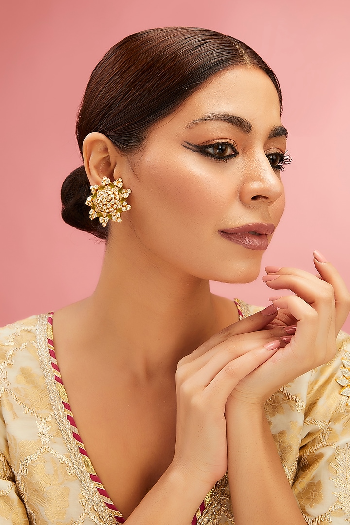 Yellow Gold Finish Moissanite Polki Dangler Earrings In Sterling Silver by STELLA CREATIONS at Pernia's Pop Up Shop