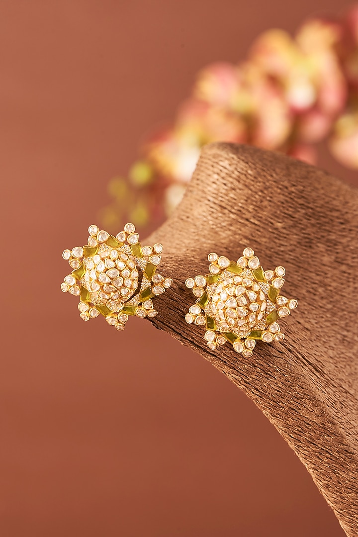 Yellow Gold Finish Moissanite Polki Dangler Earrings In Sterling Silver by STELLA CREATIONS at Pernia's Pop Up Shop