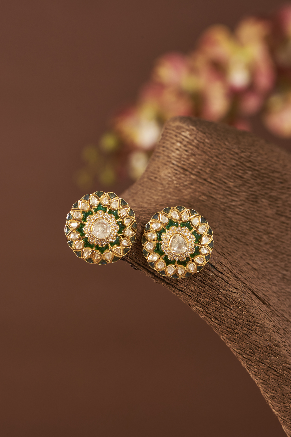 Yellow Gold Finish Moissanite Polki Emerald Stone Stud Earrings In Sterling Silver by STELLA CREATIONS at Pernia s Pop Up Shop 2024