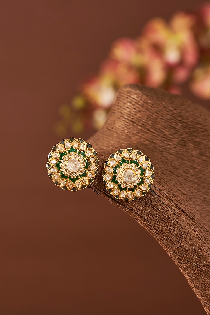 Yellow Gold Finish Moissanite Polki & Emerald Stone Stud Earrings In Sterling Silver by STELLA CREATIONS at Pernia's Pop Up Shop