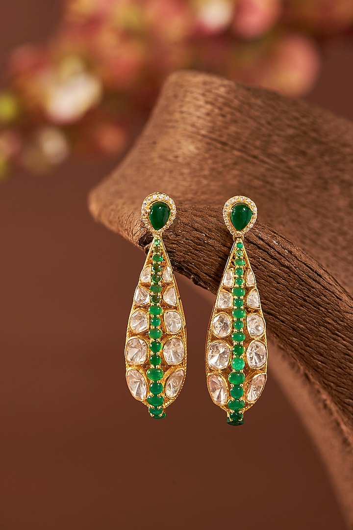 Yellow Gold Finish Moissanite Polki & Emerald Stone Dangler Earrings In Sterling Silver by STELLA CREATIONS at Pernia's Pop Up Shop