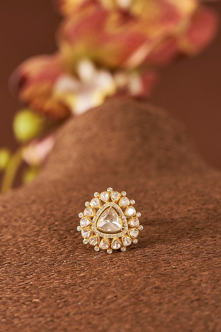 Yellow Gold Finish Moissanite Polki & Emerald Stone Ring In Sterling Silver by STELLA CREATIONS at Pernia's Pop Up Shop