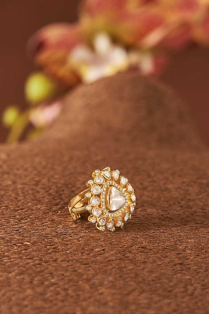 Yellow Gold Finish Moissanite Polki & Emerald Stone Ring In Sterling Silver by STELLA CREATIONS at Pernia's Pop Up Shop