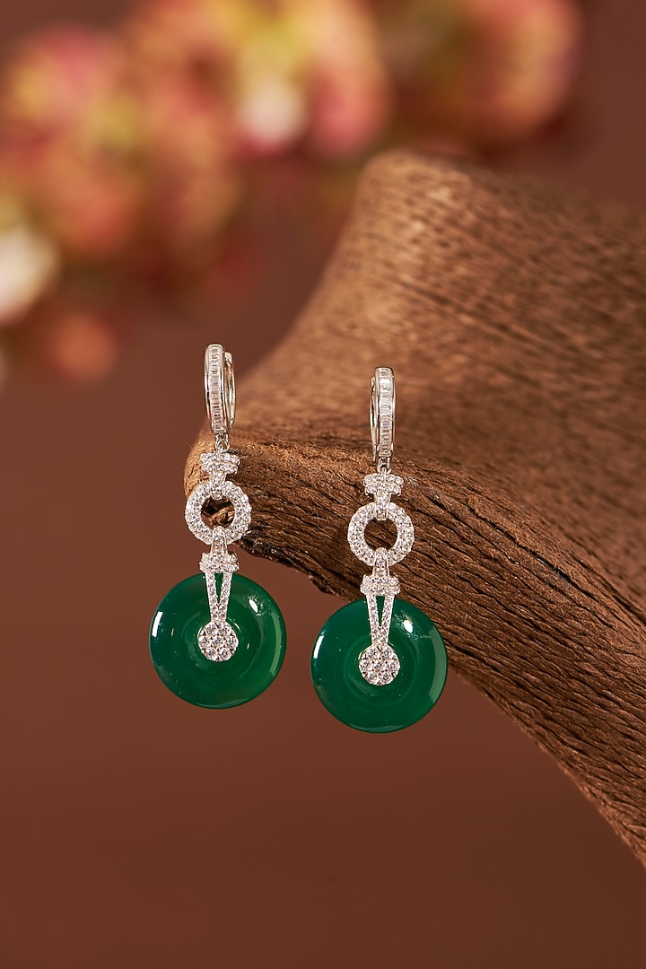 White Finish Zircons & Emerald Stone Dangler Earrings In Sterling Silver by STELLA CREATIONS at Pernia's Pop Up Shop