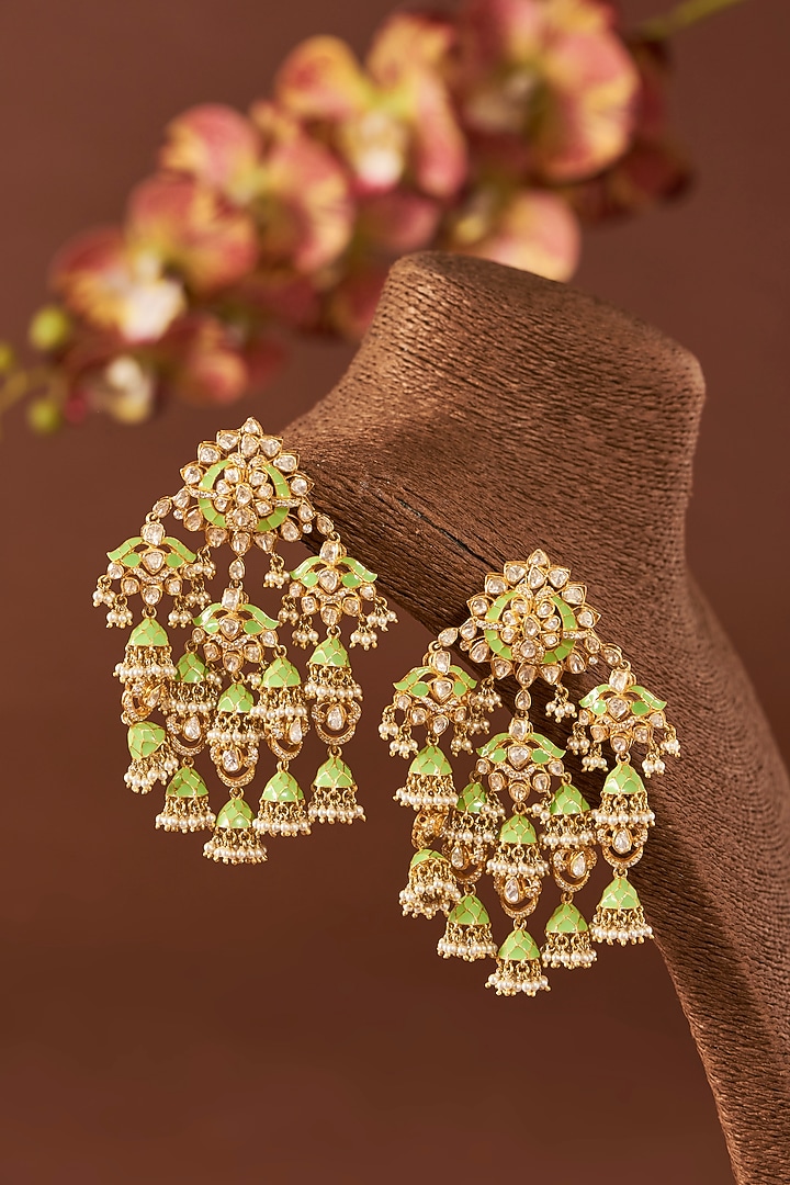 Yellow Gold Finish Moissanite Polki Green Enameled Chandbali Earrings In Sterling Silver by STELLA CREATIONS at Pernia's Pop Up Shop