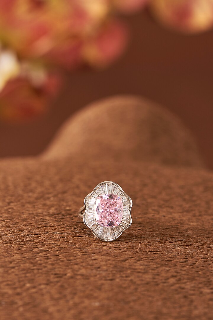 White Finish Zircon & Pink Sapphire Stone Ring In Sterling Silver by STELLA CREATIONS at Pernia's Pop Up Shop