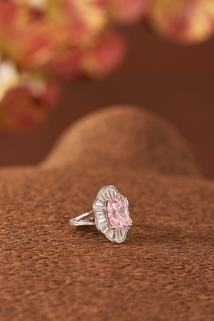 White Finish Zircon & Pink Sapphire Stone Ring In Sterling Silver by STELLA CREATIONS at Pernia's Pop Up Shop
