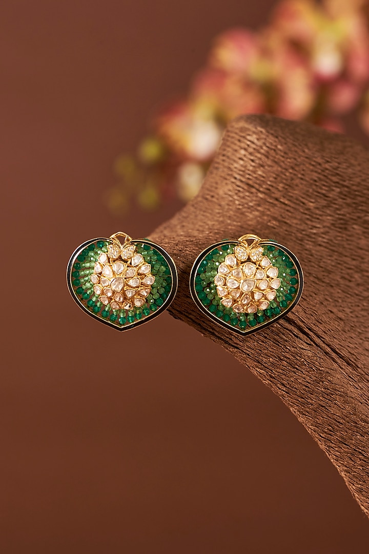 Two-Tone Finish Moissanite Polki & Emerald Stone Stud Earrings In Sterling Silver by STELLA CREATIONS at Pernia's Pop Up Shop