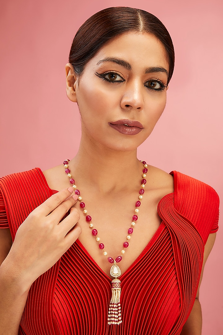 Yellow Gold Finish Moissanite Polki & Ruby Stone Long Necklace In Sterling Silver by STELLA CREATIONS at Pernia's Pop Up Shop