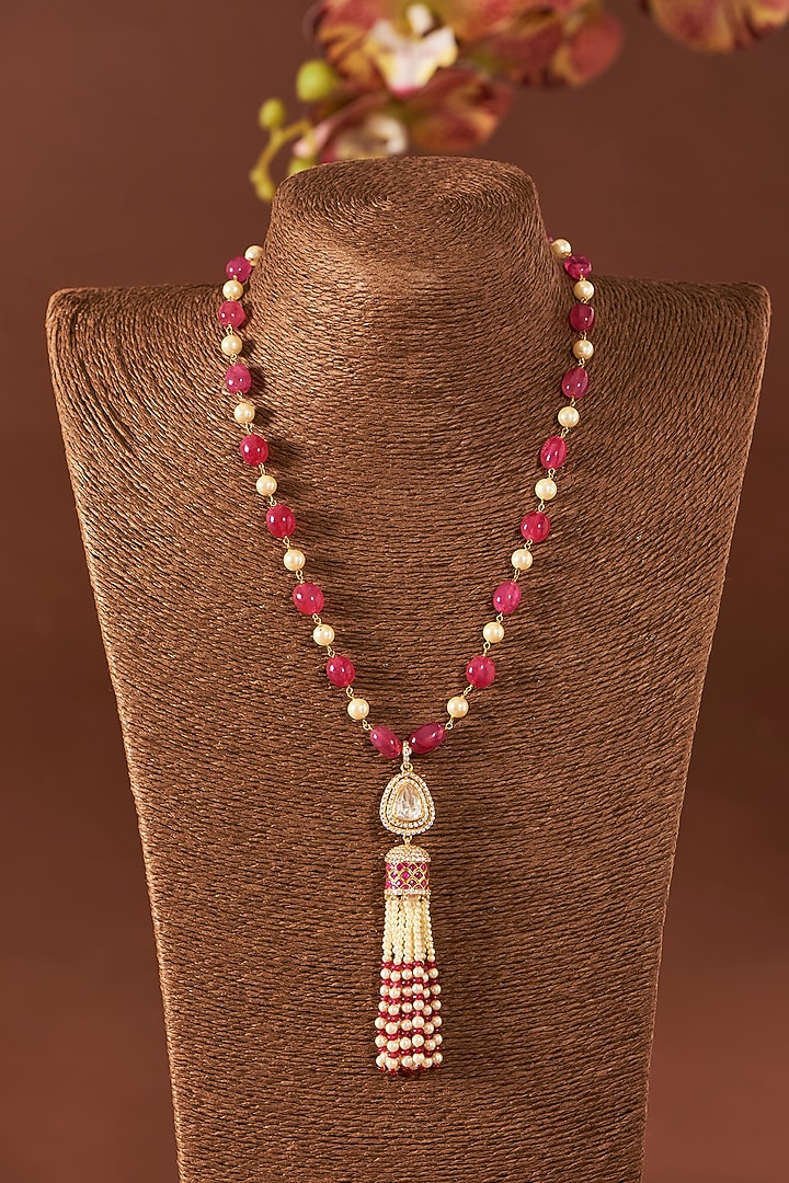Yellow Gold Finish Moissanite Polki & Ruby Stone Long Necklace In Sterling Silver by STELLA CREATIONS at Pernia's Pop Up Shop