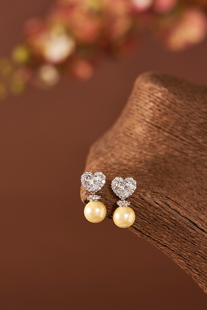 White Finish Zircon & Yellow Freshwater Pearl Dangler Earrings In Sterling Silver by STELLA CREATIONS at Pernia's Pop Up Shop