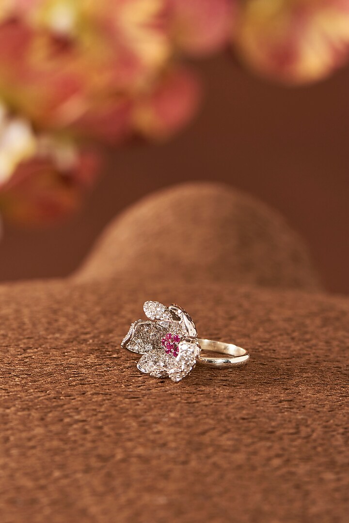 White Finish Eurostar Zircon & Pink Sapphire Ring In Sterling Silver by STELLA CREATIONS at Pernia's Pop Up Shop