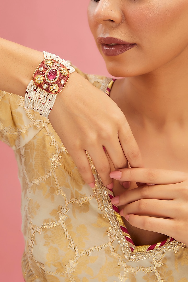 Yellow Gold Finish Moissanite Polki & Ruby Bracelet In Sterling Silver by STELLA CREATIONS at Pernia's Pop Up Shop