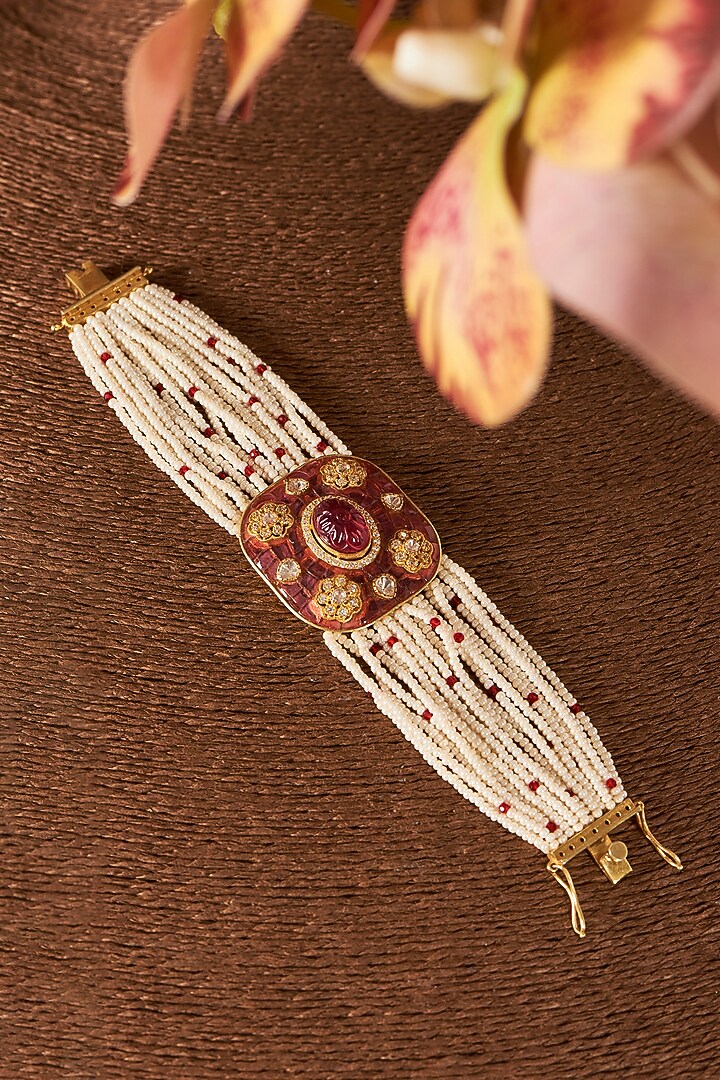 Yellow Gold Finish Moissanite Polki & Ruby Bracelet In Sterling Silver by STELLA CREATIONS at Pernia's Pop Up Shop