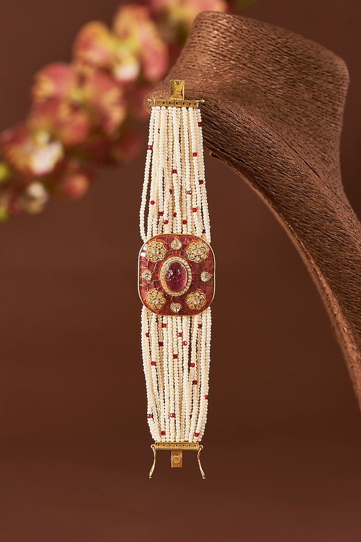 Yellow Gold Finish Moissanite Polki & Ruby Bracelet In Sterling Silver by STELLA CREATIONS at Pernia's Pop Up Shop