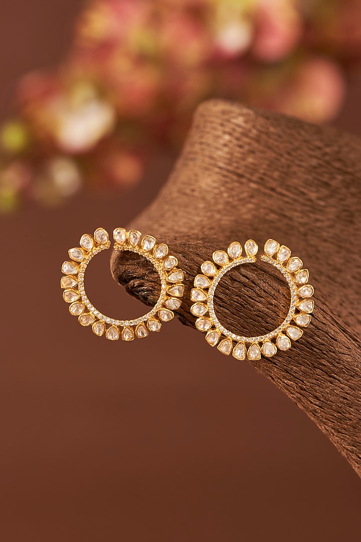 Yellow Gold Finish Moissanite Polki & Eurostar Zircon Stud Earrings In Sterling Silver by STELLA CREATIONS at Pernia's Pop Up Shop