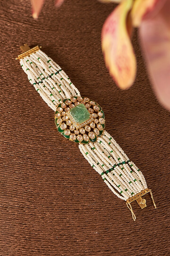 Yellow Gold Finish Moissanite Polki & Emerald Bracelet In Sterling Silver by STELLA CREATIONS at Pernia's Pop Up Shop