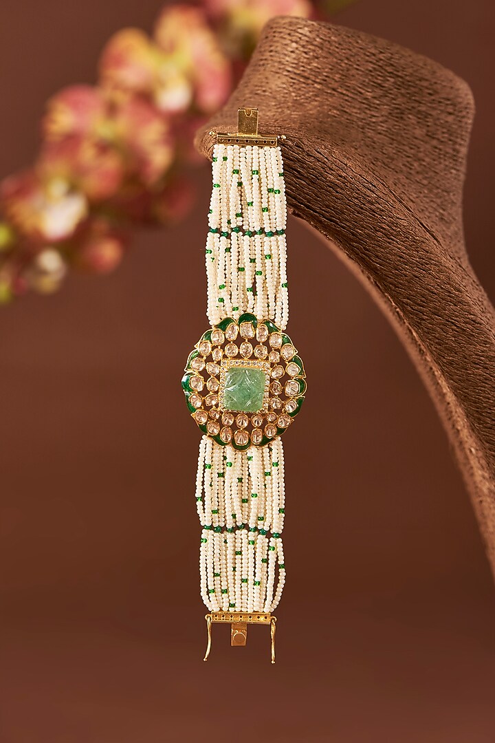 Yellow Gold Finish Moissanite Polki & Emerald Bracelet In Sterling Silver by STELLA CREATIONS at Pernia's Pop Up Shop
