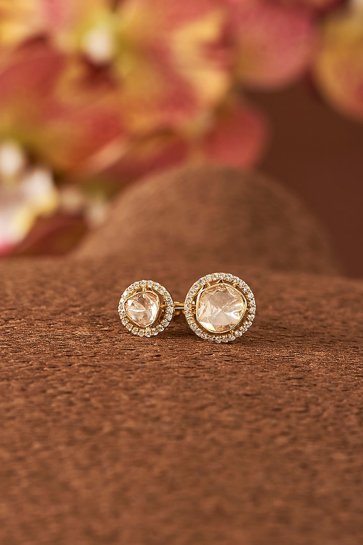 Yellow Gold Finish Zircon & Moissanite Polki Ring In Sterling Silver by STELLA CREATIONS at Pernia's Pop Up Shop
