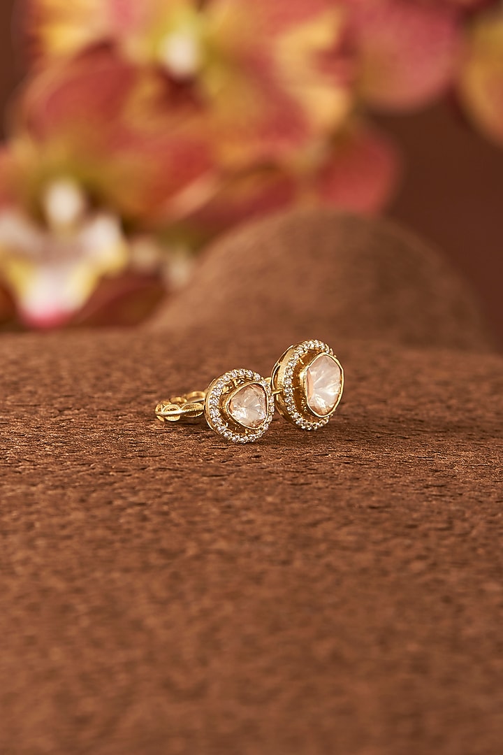 Yellow Gold Finish Zircon & Moissanite Polki Ring In Sterling Silver by STELLA CREATIONS at Pernia's Pop Up Shop