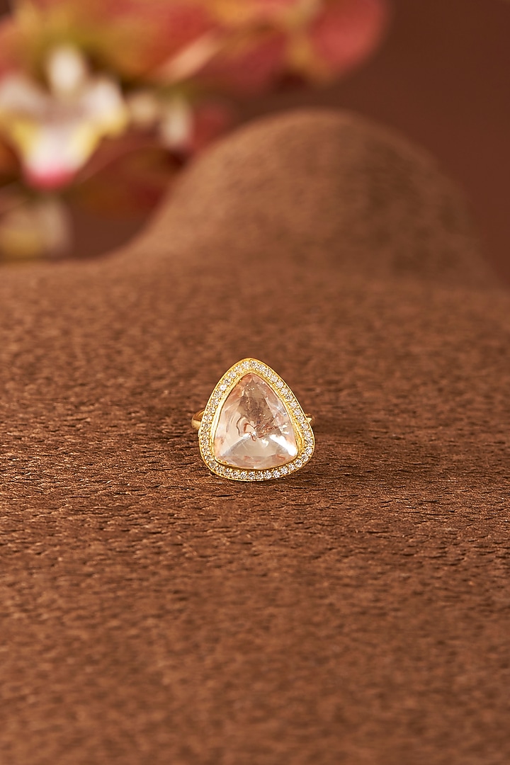 Yellow Gold Finish Zircon & Moissanite Polki Ring In Sterling Silver by STELLA CREATIONS at Pernia's Pop Up Shop