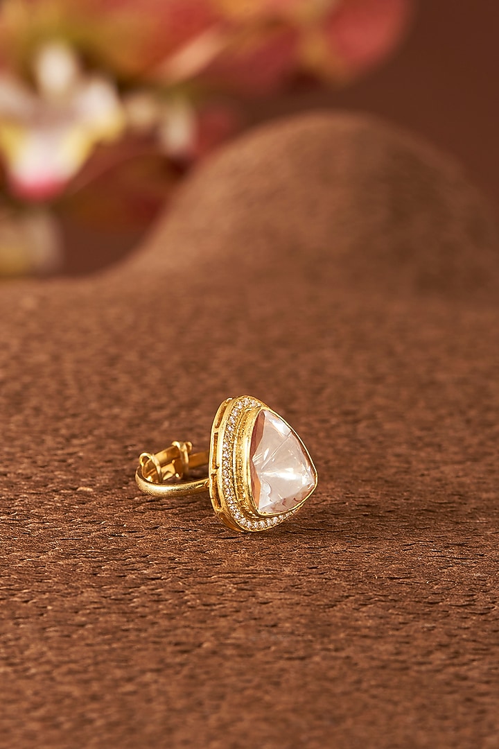 Yellow Gold Finish Zircon & Moissanite Polki Ring In Sterling Silver by STELLA CREATIONS at Pernia's Pop Up Shop
