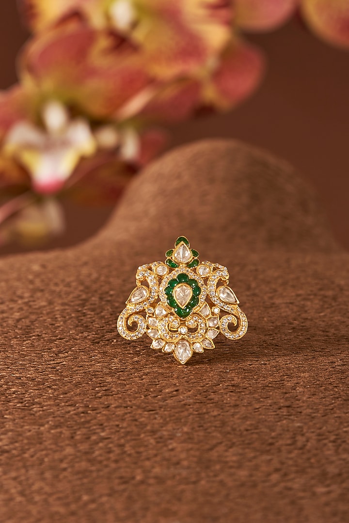 Yellow Gold Finish Emerald & Moissanite Polki Ring In Sterling Silver by STELLA CREATIONS at Pernia's Pop Up Shop