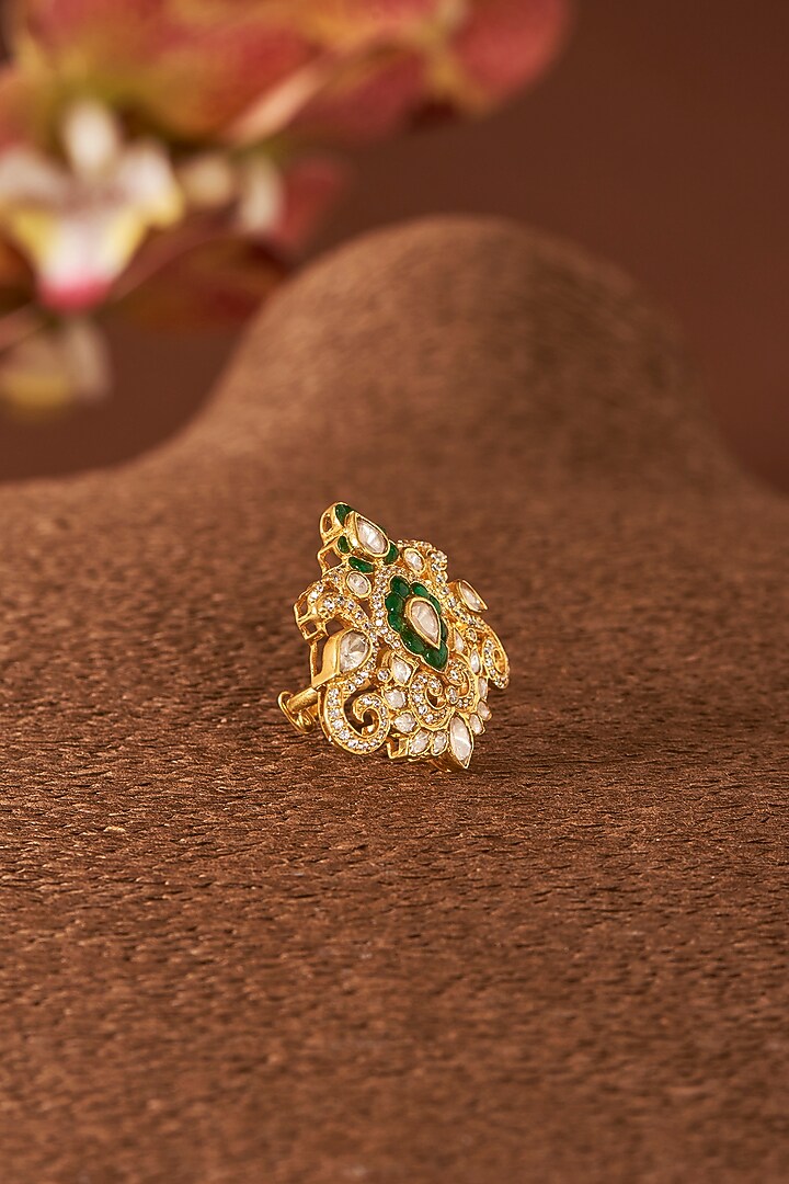 Yellow Gold Finish Emerald & Moissanite Polki Ring In Sterling Silver by STELLA CREATIONS at Pernia's Pop Up Shop