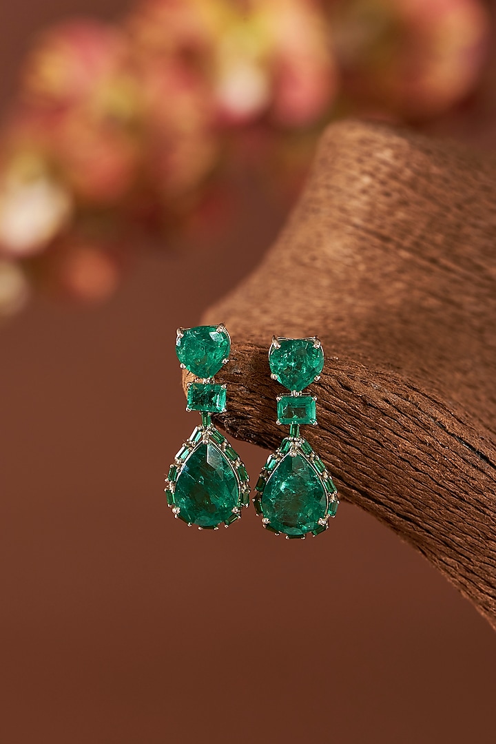 Black Rhodium Finish Eurostar Zircon & Emerald Dangler Earrings In Sterling Silver by STELLA CREATIONS at Pernia's Pop Up Shop