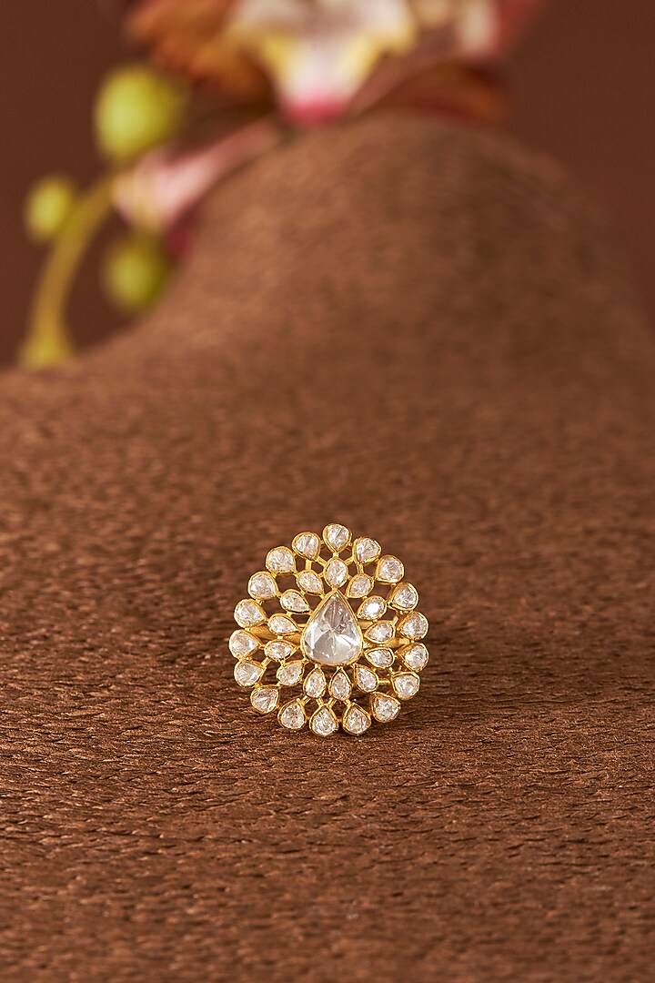 Yellow Gold Finish Moissanite Polki Ring In Sterling Silver by STELLA CREATIONS at Pernia's Pop Up Shop