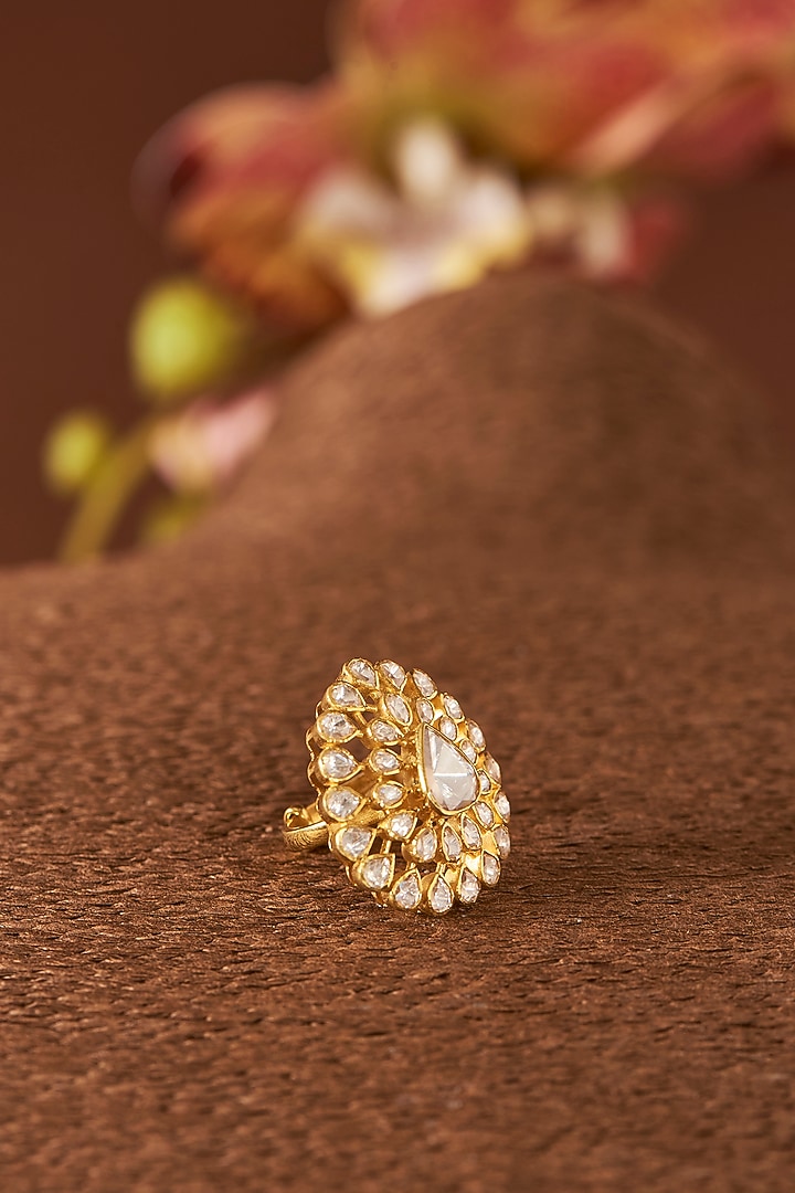 Yellow Gold Finish Moissanite Polki Ring In Sterling Silver by STELLA CREATIONS at Pernia's Pop Up Shop