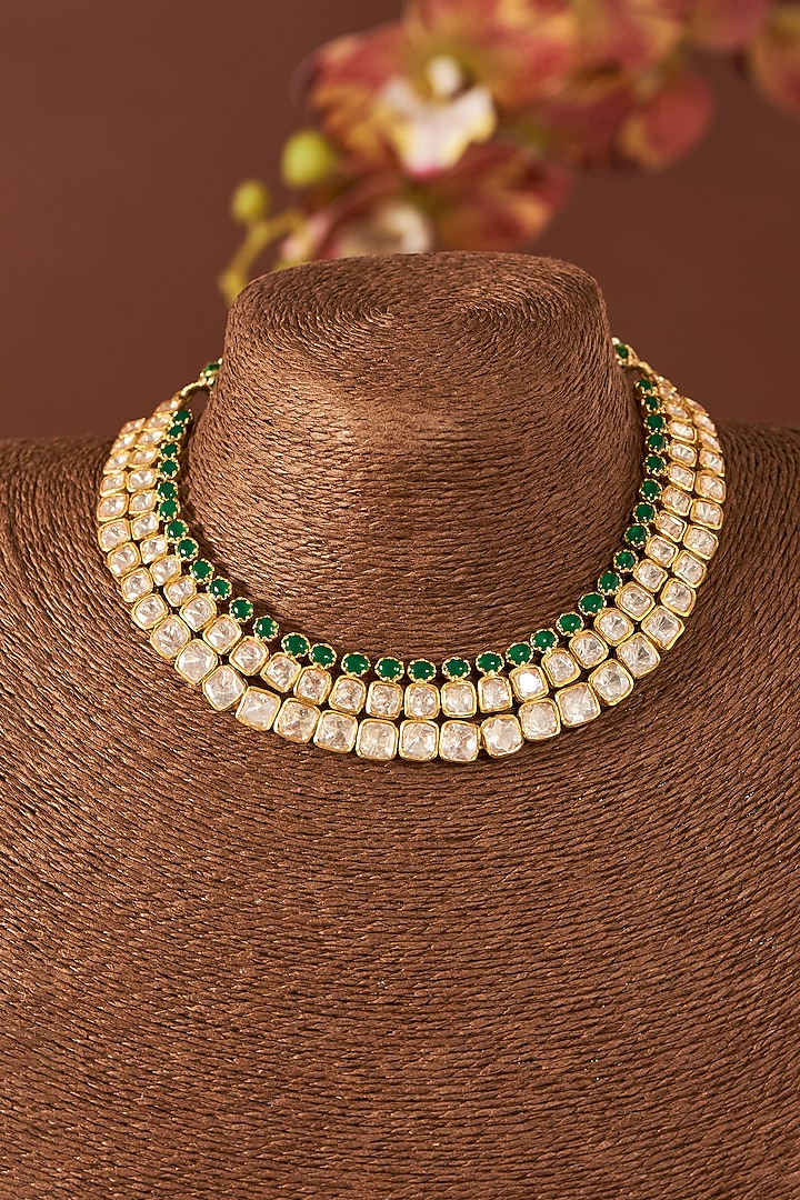 Yellow Gold Finish Moissanite Polki & Emerald Necklace Set In Sterling Silver by STELLA CREATIONS at Pernia's Pop Up Shop