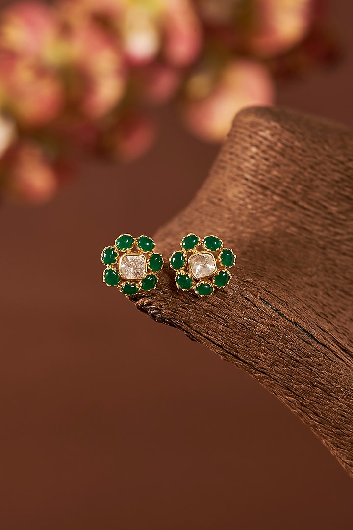 Yellow Gold Finish Moissanite Polki & Emerald Necklace Set In Sterling Silver by STELLA CREATIONS at Pernia's Pop Up Shop