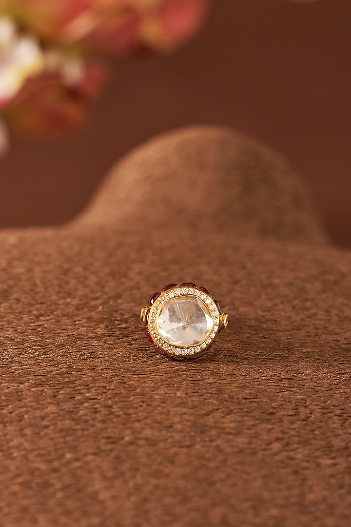 Yellow Gold Finish Moissanite Polki & Ruby Ring In Sterling Silver by STELLA CREATIONS at Pernia's Pop Up Shop