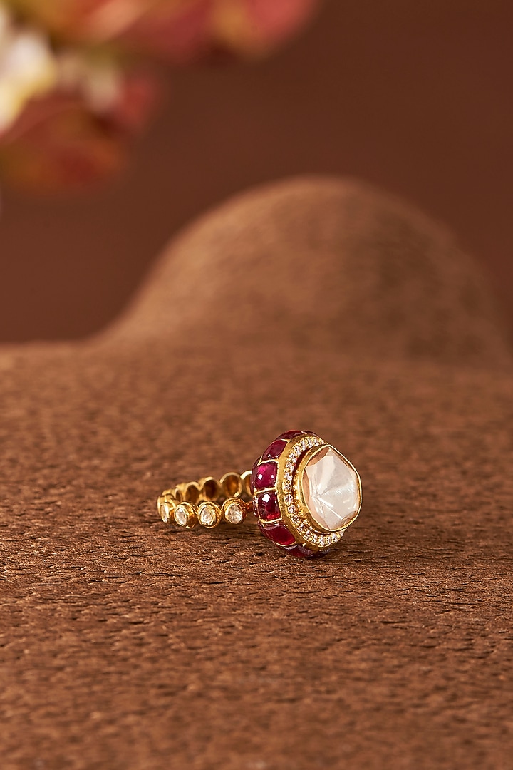 Yellow Gold Finish Moissanite Polki & Ruby Ring In Sterling Silver by STELLA CREATIONS at Pernia's Pop Up Shop