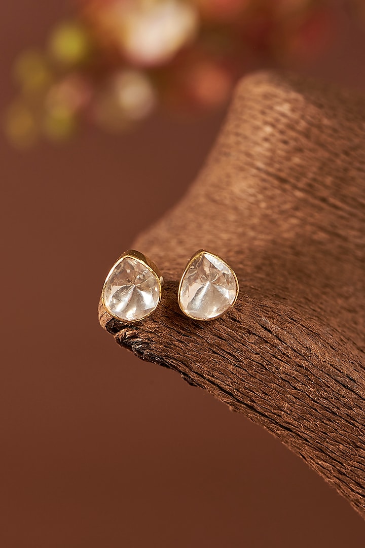 Yellow Gold Finish Moissanite Polki Stud Earrings In Sterling Silver by STELLA CREATIONS at Pernia's Pop Up Shop